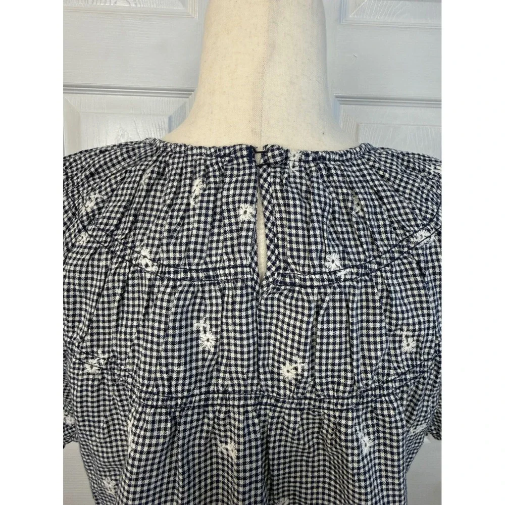 NEW Madewell Linen Blend Gingham Embroidered Floral Puff Sleeve Blouse Top S